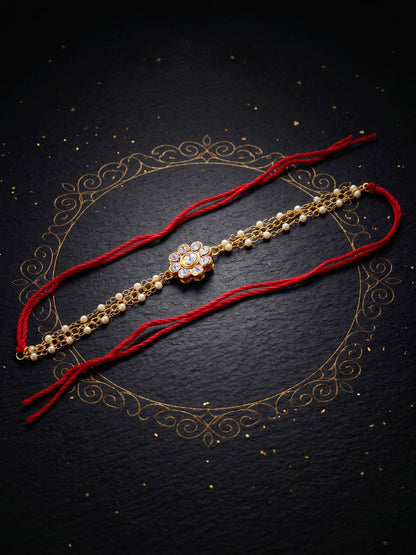 LUCKY JEWELLERY Traditional Rakhi for Brother/Bhaiya – Gold Plated Red Thread Rakshabandhan Rakhie in White Stones for Bhai/Bhabhi (Pack of 1) – Fancy Rakhee Bracelet Rakshasutra (99-L1R1-26-W-1-2026)
