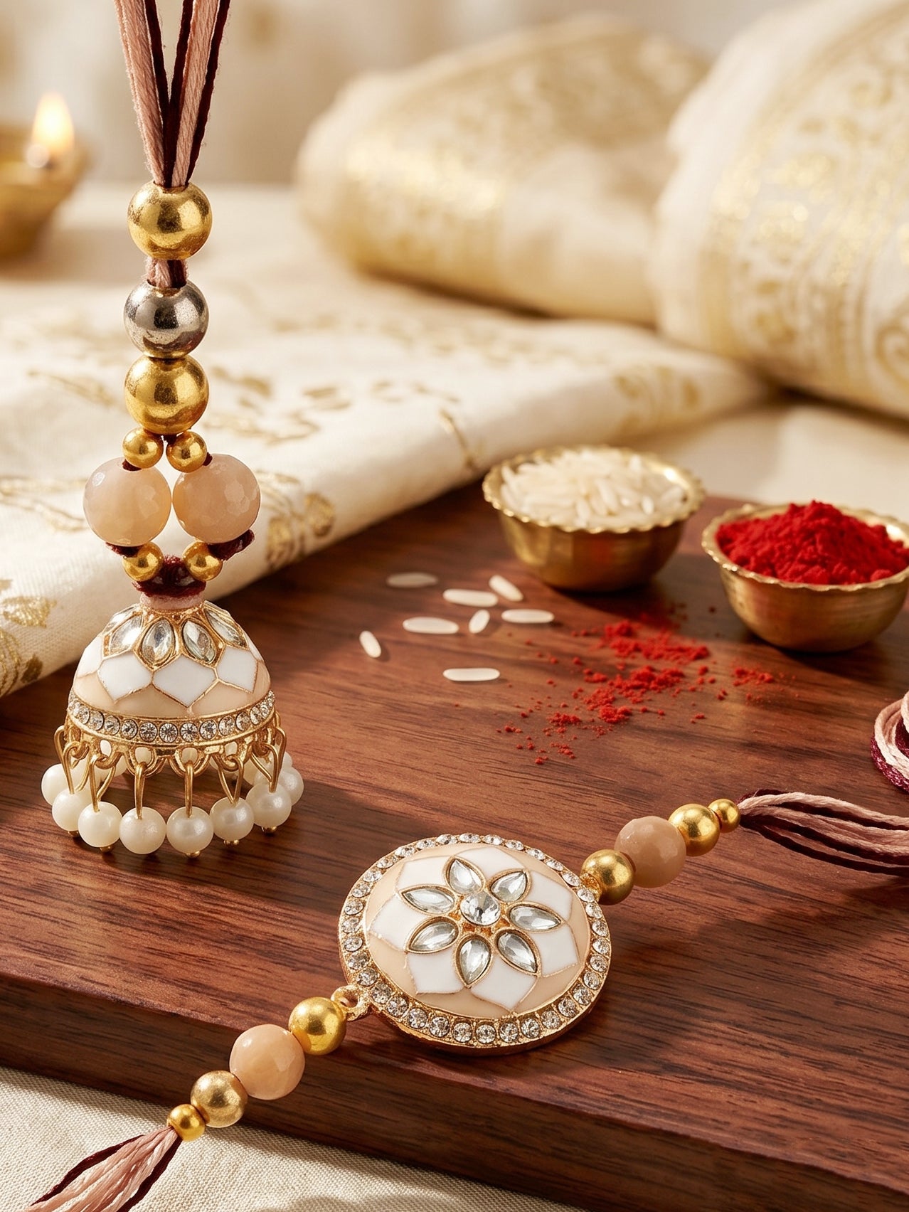 Set of 2 Beige & White Kundan Bhaiya Bhabhi Rakhi Set, Floral Enamel Jhumki Lumba with Beads (325-CHCR1-1152-W-2-2026)