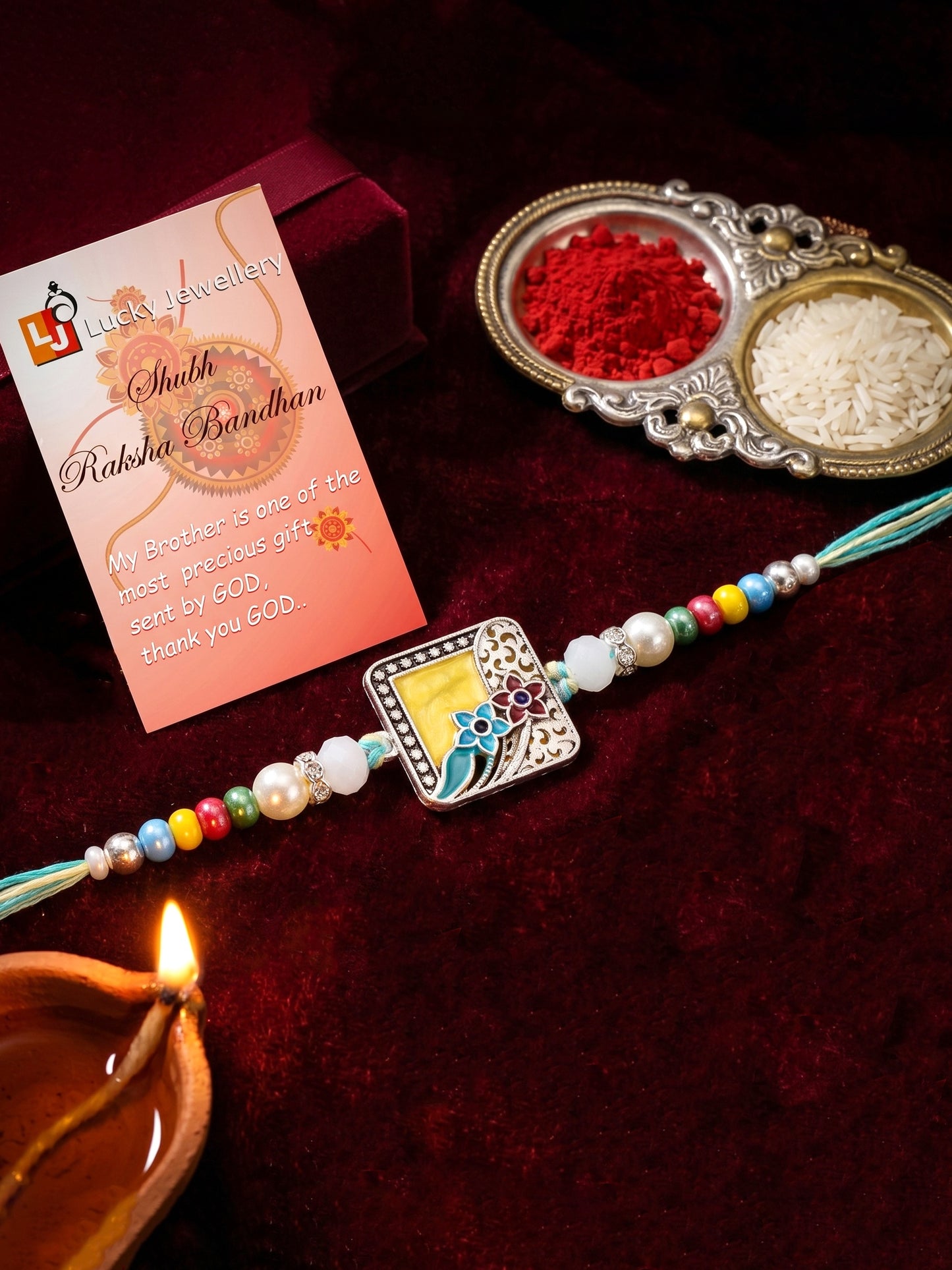 Traditional Meenakari Floral Rakhi For Brother | Silver-Finish Square Yellow Enamel Beaded Set Card (132-S5R1-AR2775)