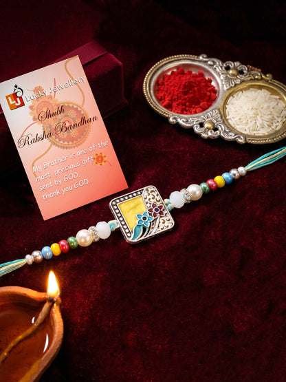 Traditional Meenakari Floral Rakhi For Brother | Silver-Finish Square Yellow Enamel Beaded Set Card (132-S5R1-AR2775)