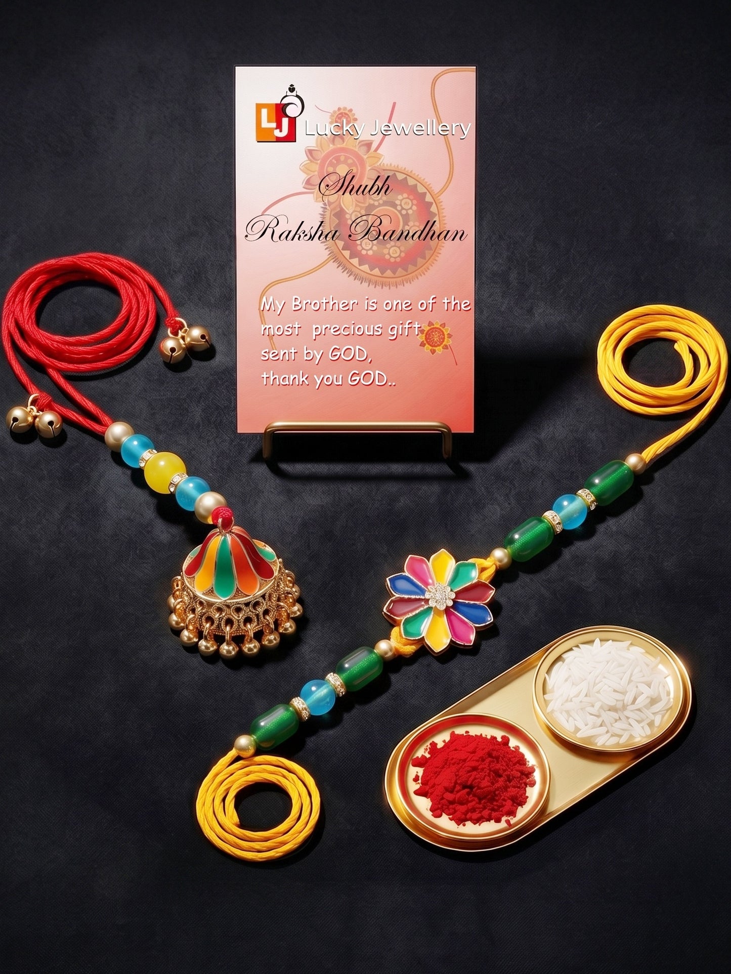 Set of 2 Bhaiya Bhabhi Rakhi Set with Floral Centerpiece & Jhumka Lumba, Roli Chawal & Card (240-CHCR1-1146-MT-2-2026)