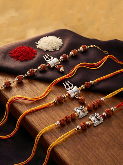 Set of 4 Rakhi with Trishul & Shivling Pendants, Rudraksha Beads, Roli Chawal & Card (220-CHR1-196372-4-2026)
