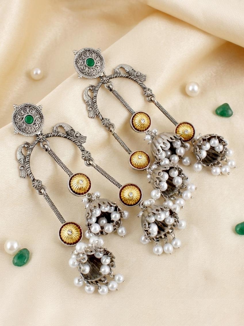 LUCKY JEWELLERY Oxidised Silver & Gold Kashmiri Jhumka Earrings with Ruby & Green Beads (654-KEO-20825-G-SG)