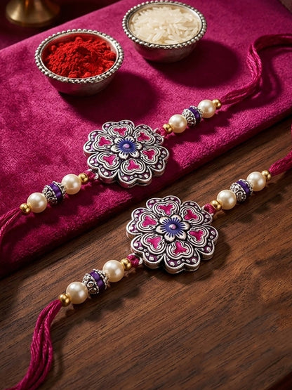 Set of 2 Magenta Floral Rakhi for Brother with Purple Accents, Beads, Roli Chawal & Card (108-CHR1-1966-P-S-2-2026)