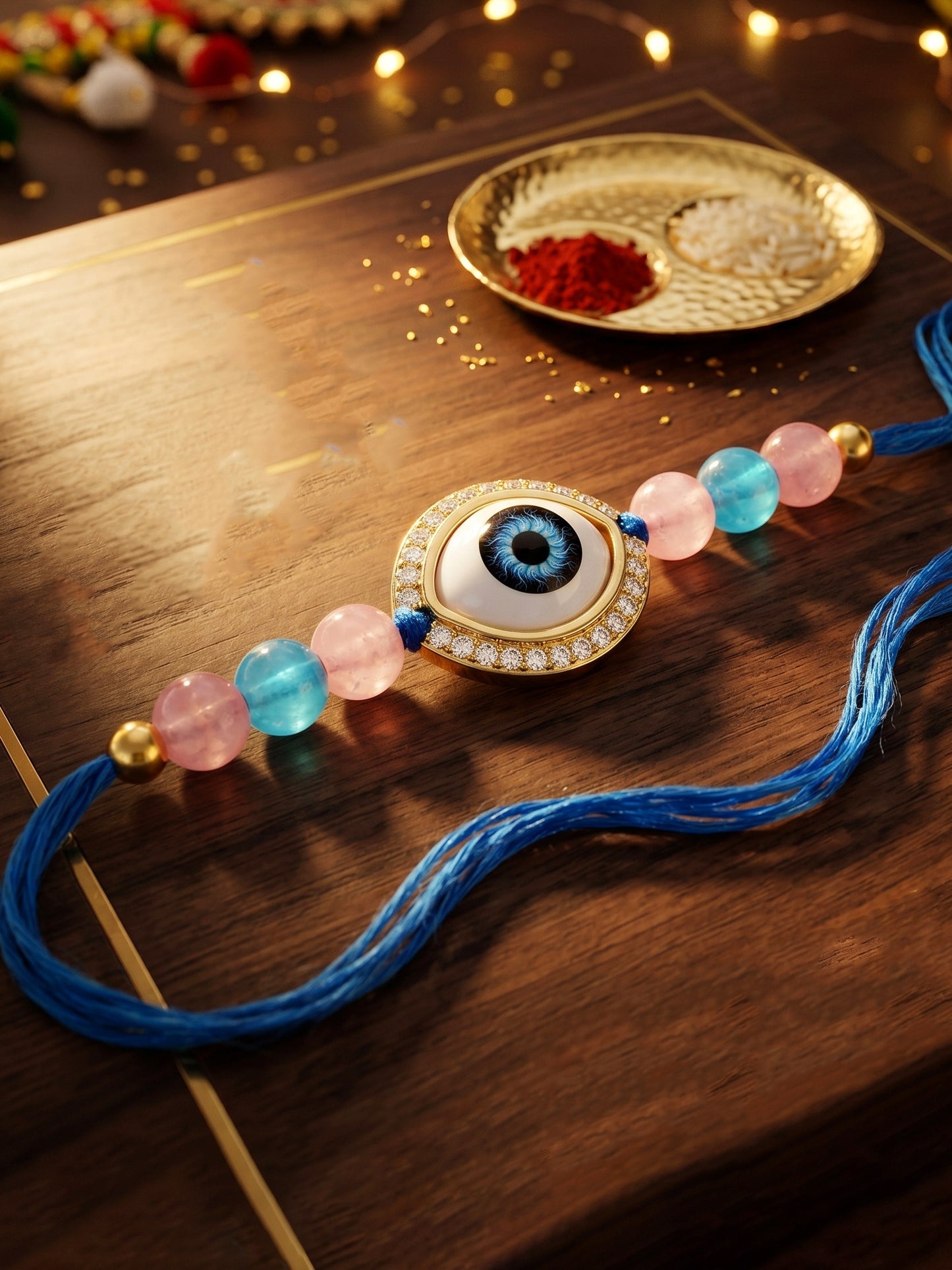 Evil Eye Rakhi for Brother. Protective Charm with Pink & Blue Beads, Roli, Chawal & Card (265-CHR1-1191-F-1-2026)