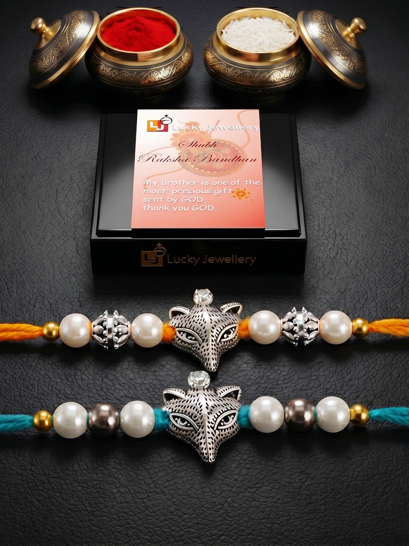 Set of 2 Oxidised Silver Fox Rakhi for Brother with White Beads, Roli Chawal & Card (70-JPR1-1955-2-2026)