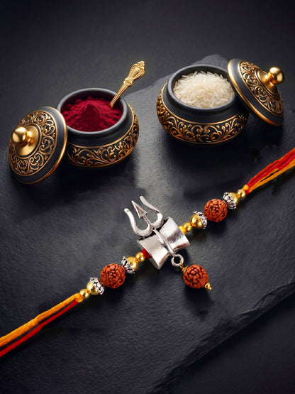 Oxidised Silver Shiva Trishul Rakhi for Bhai with Golden Beads, Roli, Chawal & Card (78-JPR1-1972-S-1-2026)