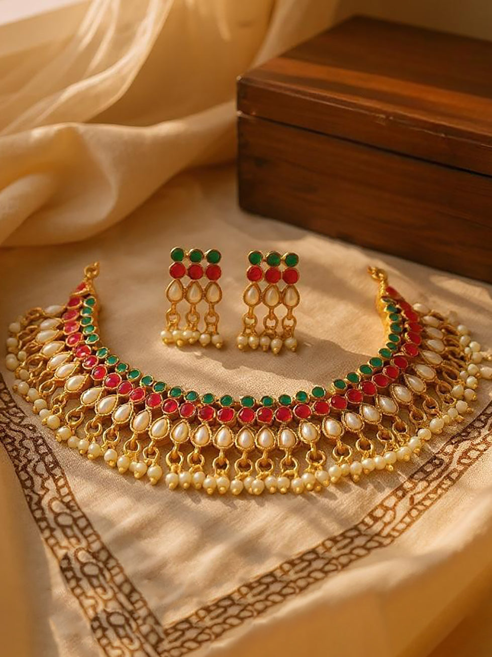 Gold Plated Beaded Choker Necklace Set with Earrings for Women and Girls