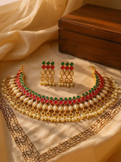 Gold Plated Beaded Choker Necklace Set with Earrings for Women and Girls