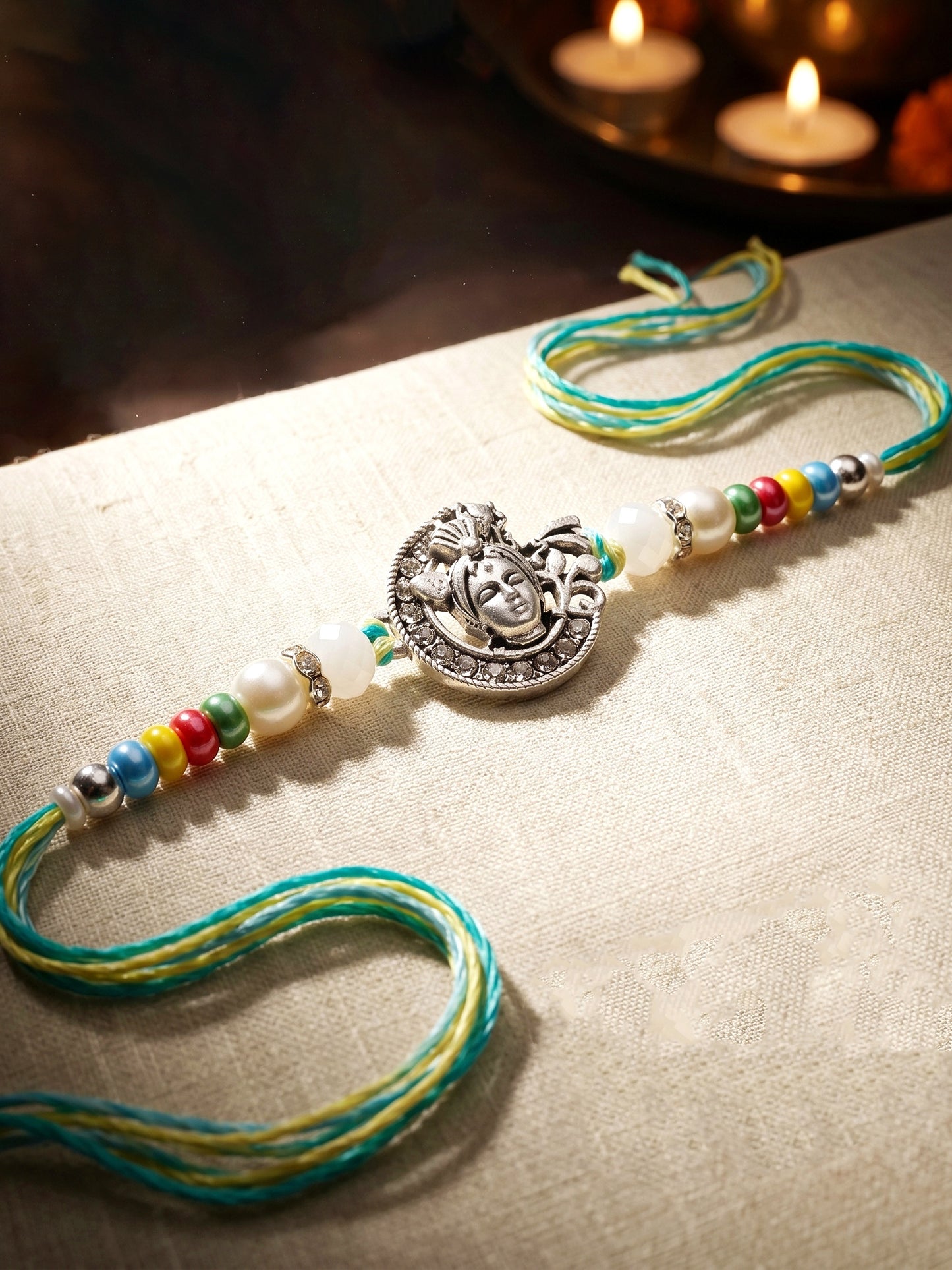 Silver-Tone Bal Gopal Krishna Rakhi for Brother | Beaded Rakhi Set With Roli Chawal & Greeting Card (102-S5R1-AR3007)
