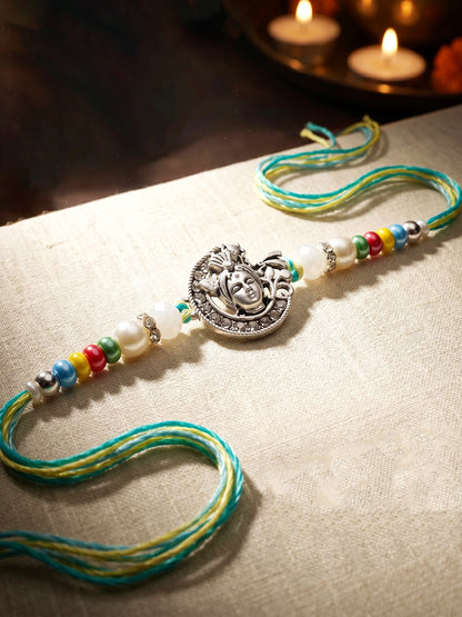 Silver-Tone Bal Gopal Krishna Rakhi for Brother | Beaded Rakhi Set With Roli Chawal & Greeting Card (102-S5R1-AR3007)