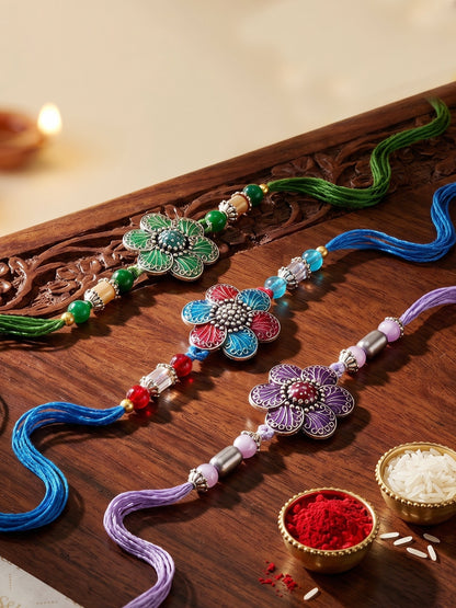Set of 3 Floral Enamel Rakhi for Brother with Multi & Beads, Roli Chawal & Card (144-CHR1-1967-3-2026)