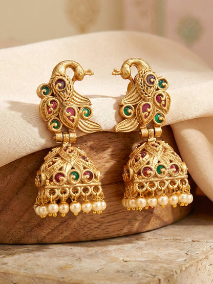 Premium Traditional Antique Matte Gold Plated Radha Krishna Temple Jewelry Long Pearl Chain Necklace Set with Peacock Design Jhumka Earrings for Women & Girls (1898-ISR-2183-RG)