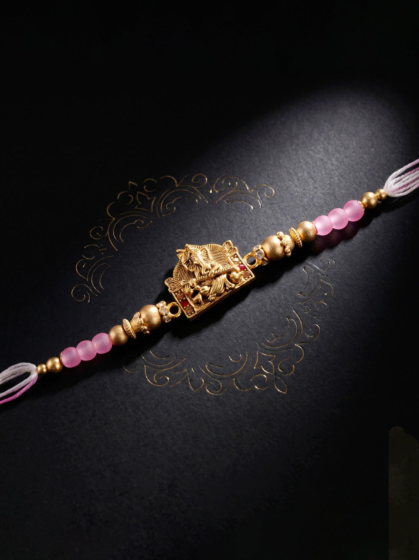 Designer Lord Ganesha Rakhi with Roli Chawal and Greeting Card | Antique Gold Beads Set For Brothers (94-S7R1-EA3601)