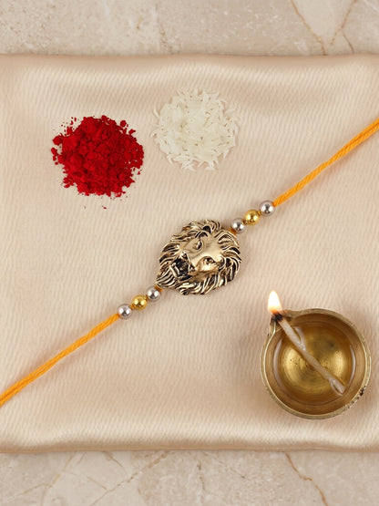 Golden Lion Pendant Rakhi for Brother with Metallic Beads, Roli Chawal & Card (140-CHR1-1175-1-2026)