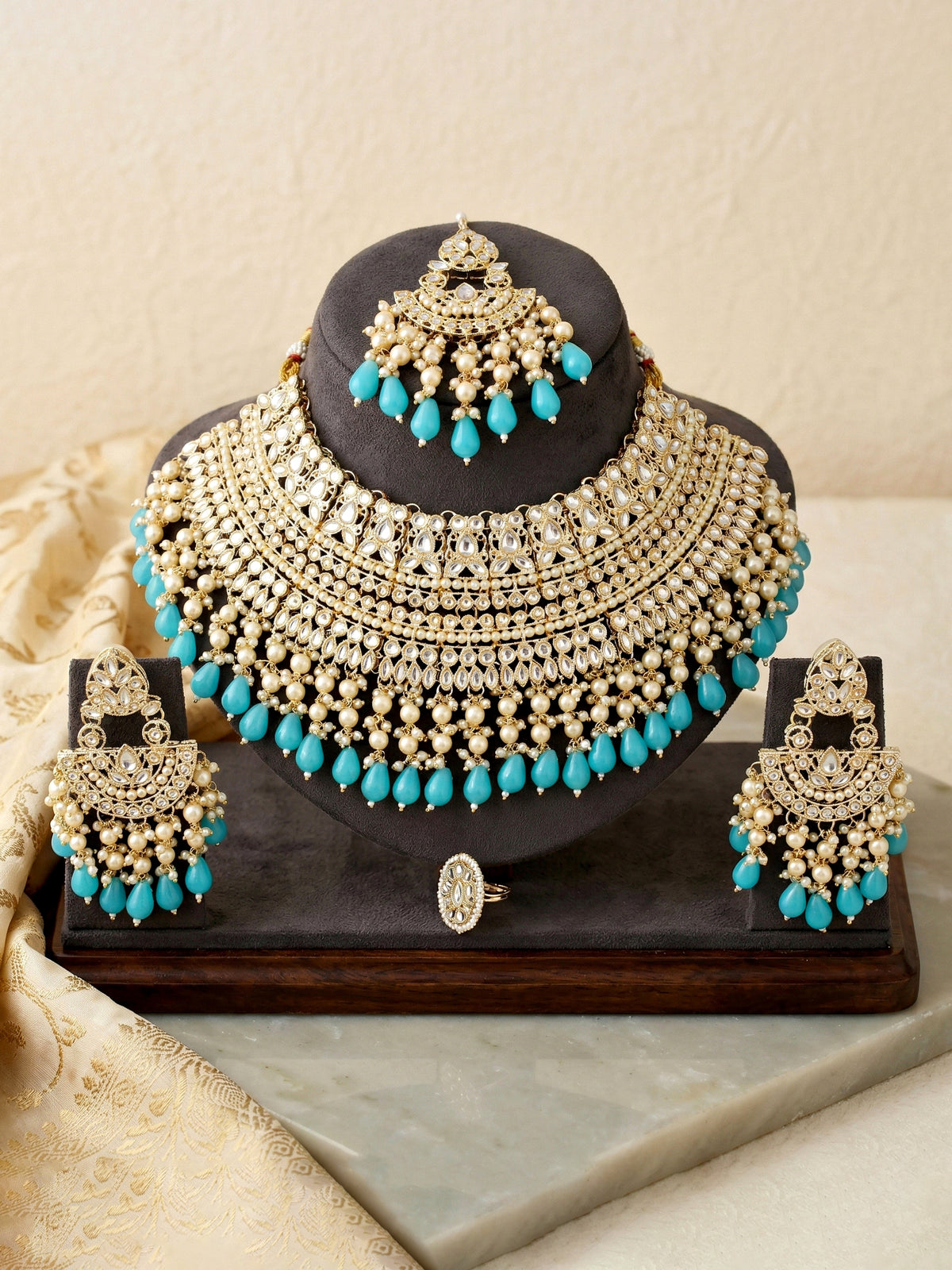 Gold Plated Kundan & Pearl Firozi Stone Bridal Choker Jewellery Set with Maang Tikka (1683-ISK-855-F)