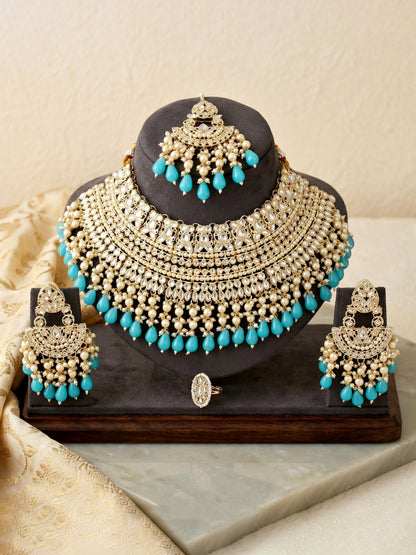 Gold Plated Kundan & Pearl Firozi Stone Bridal Choker Jewellery Set with Maang Tikka (1683-ISK-855-F)