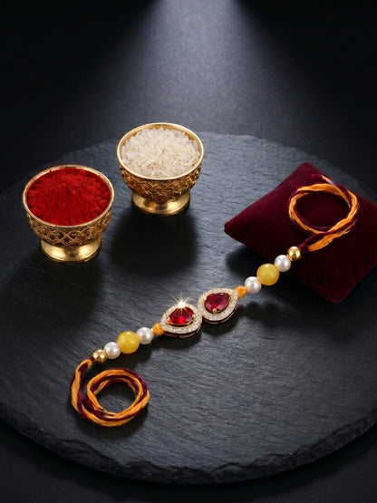 Rakhi for Brother with Maroon drop AD Pendant, White & Yellow Beads, Roli Chawal & Card (176-CHR1-1279-M-1-2026)