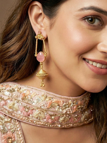 Oxidised Gold Pink Stone Long Dangler Earrings For Girls & Women (370-KEG-13541-PK)