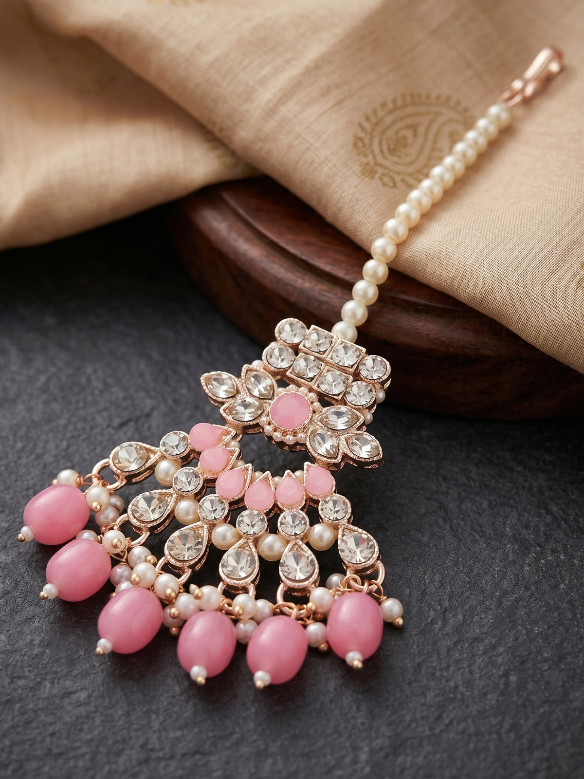 Rose Gold Plated AD Pink Stone & Pearl Bridal Choker Jewellery Set with Maang Tikka (974-B5SP-007-PK)