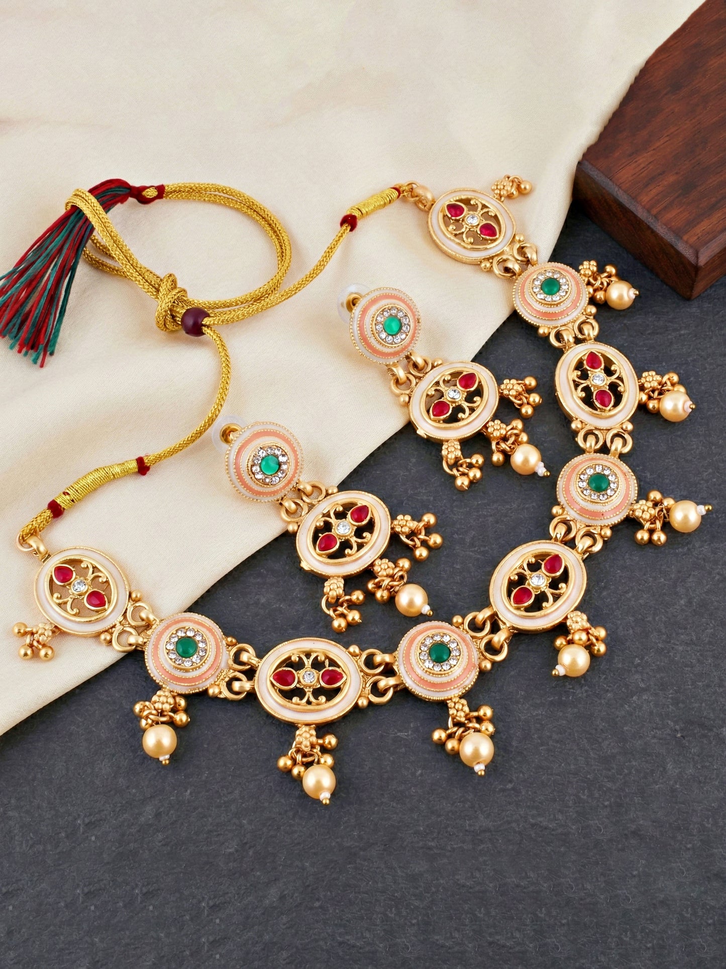 Lucky Jewellery Gold-Plated Meenakari Red & Green Stone Necklace Set (580-G2SR-260-WRG)