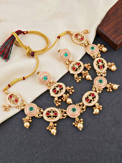 Lucky Jewellery Gold-Plated Meenakari Red & Green Stone Necklace Set (580-G2SR-260-WRG)