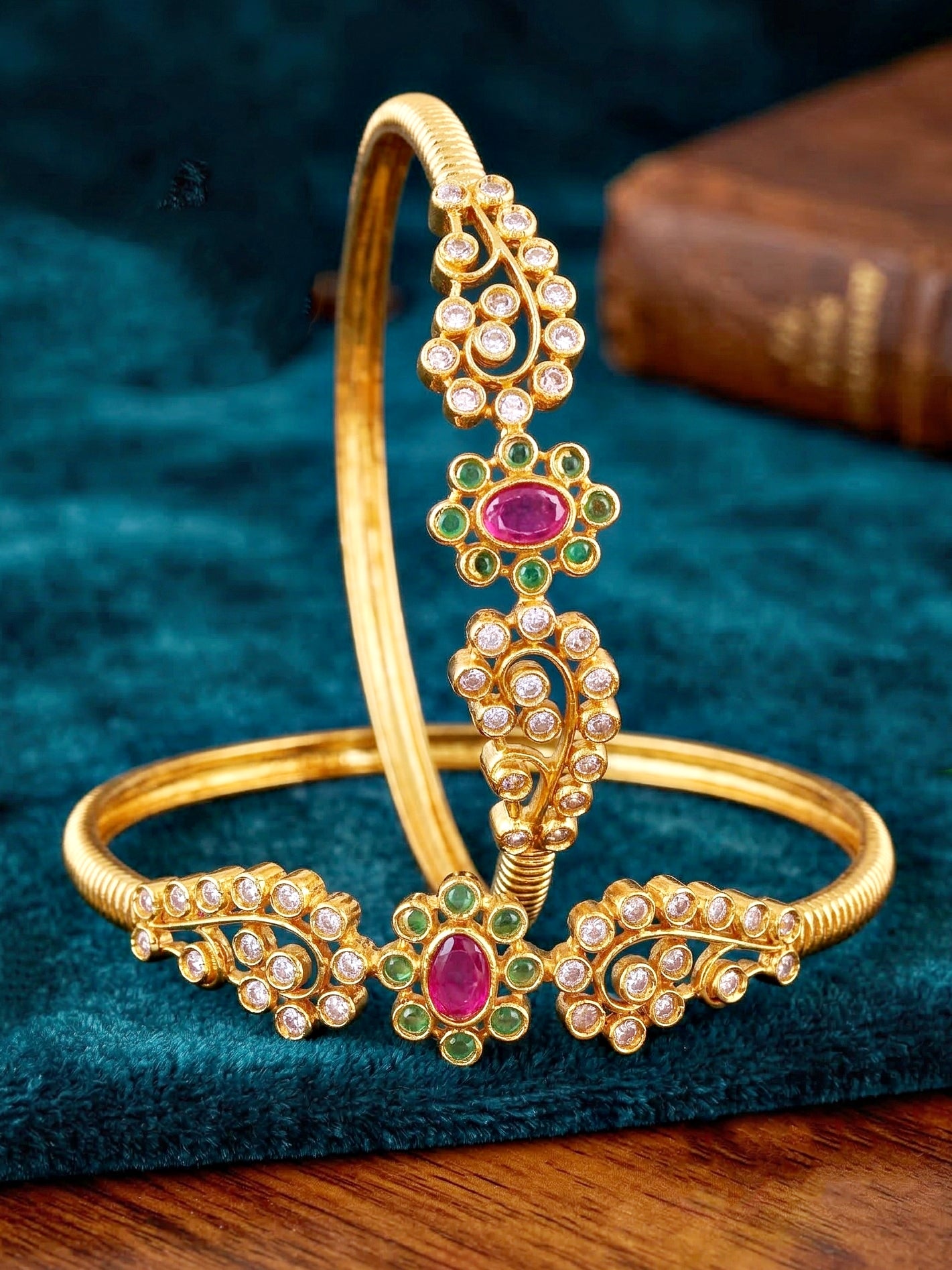 Gold-Plated AD Floral Pink & Green Stone Bangle (612-C1BG-2196-2)