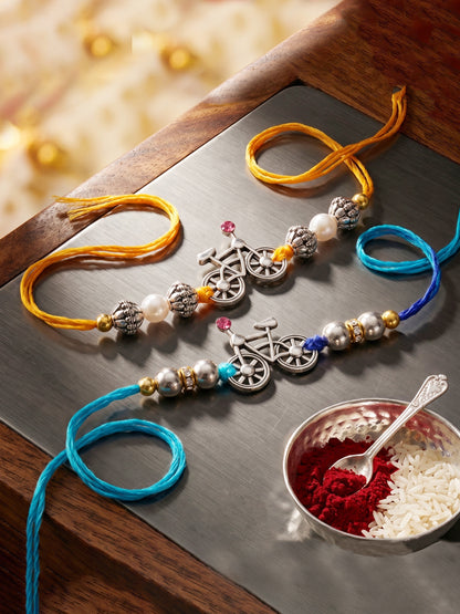 Set of 2 Silver Bicycle Rakhi for Brother with White & Metallic Beads, Roli Chawal & Card (72-JPR1-1954-S-2-2026)