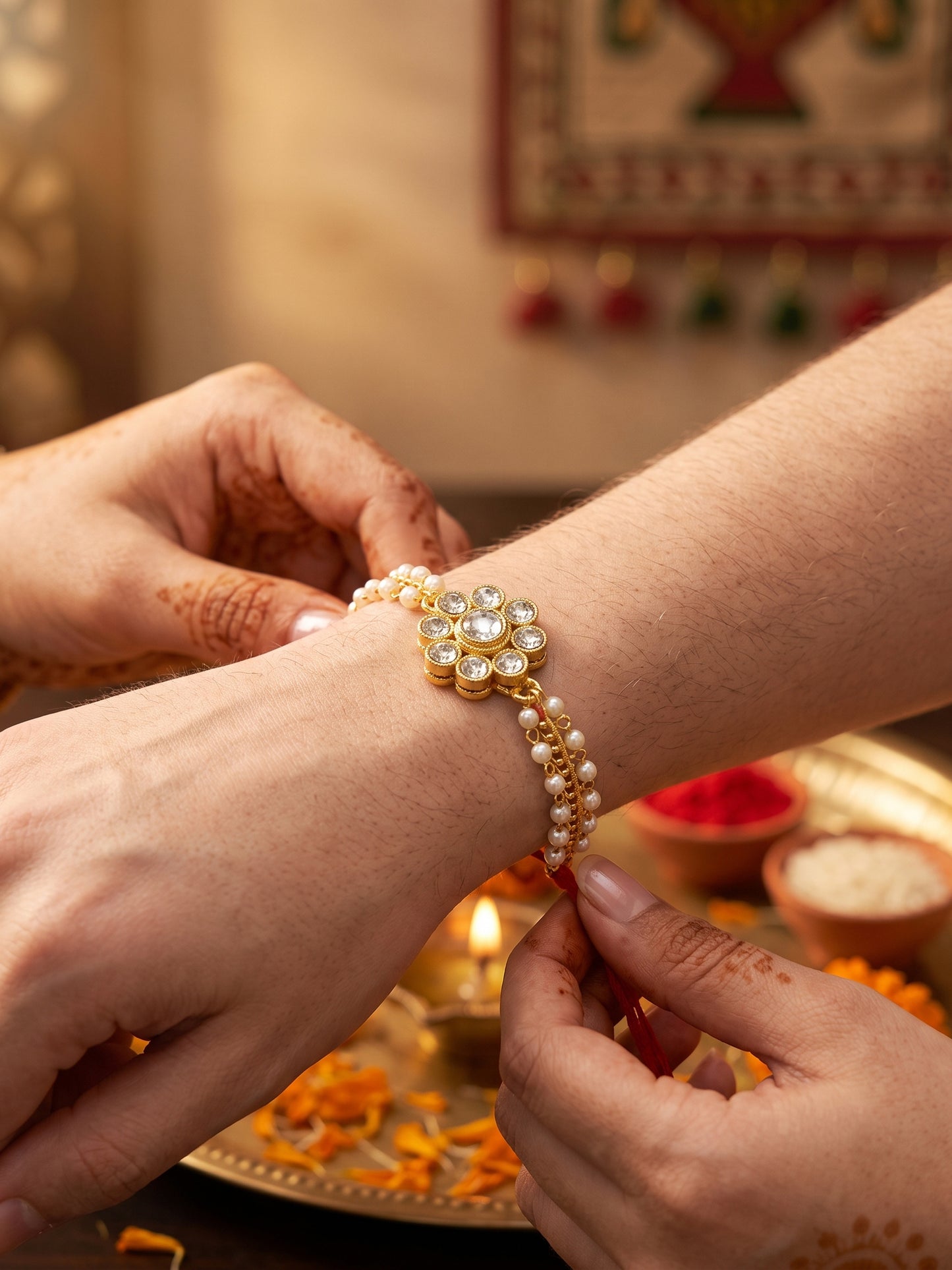 LUCKY JEWELLERY Traditional Rakhi for Brother/Bhaiya – Gold Plated Red Thread Rakshabandhan Rakhie White Stones for Bhai/Bhabhi (Pack of 2) – Fancy Rakhee Bracelet Rakshasutra (198-L1R1-26-W-2-2026)