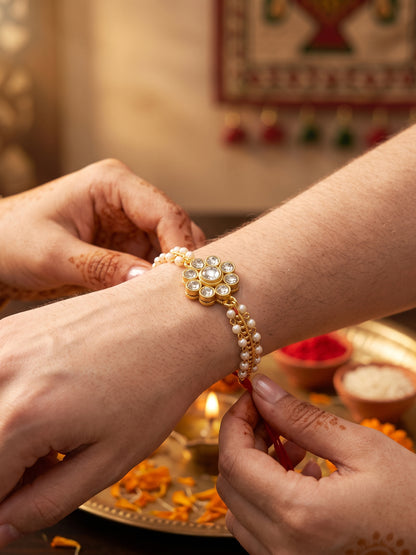 LUCKY JEWELLERY Traditional Rakhi for Brother/Bhaiya – Gold Plated Red Thread Rakshabandhan Rakhie White Stones for Bhai/Bhabhi (Pack of 2) – Fancy Rakhee Bracelet Rakshasutra (198-L1R1-26-W-2-2026)