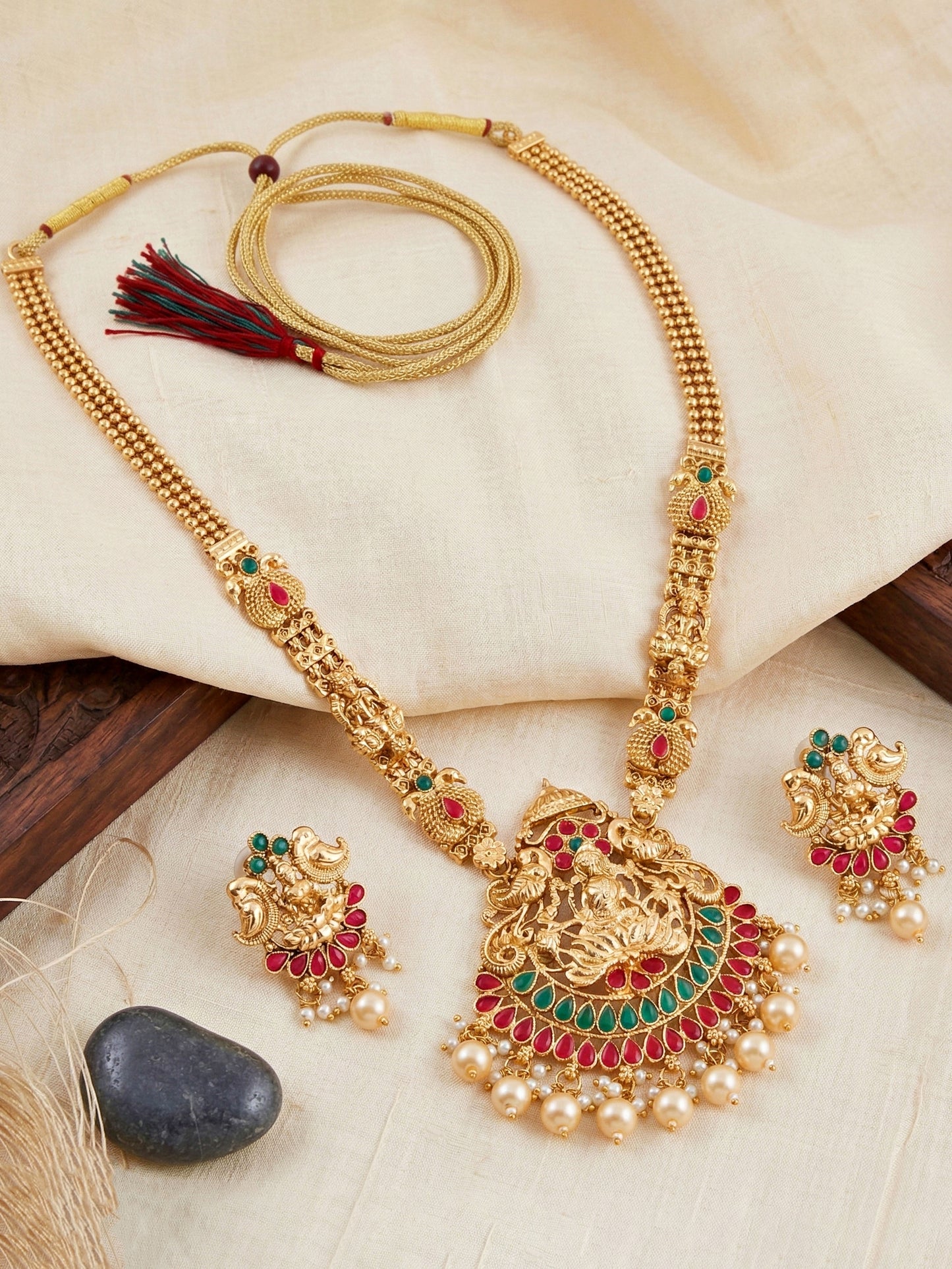 Lucky Jewellery Gold-Plated Laxmi Idol Temple Ruby & Green Color Necklace Set (660-G2SR-202-RG)