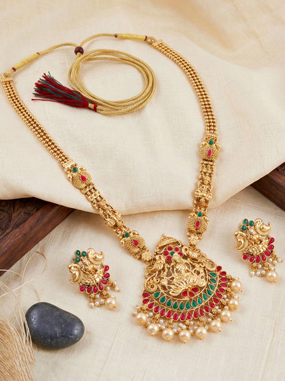 Lucky Jewellery Gold-Plated Laxmi Idol Temple Ruby & Green Color Necklace Set (660-G2SR-202-RG)