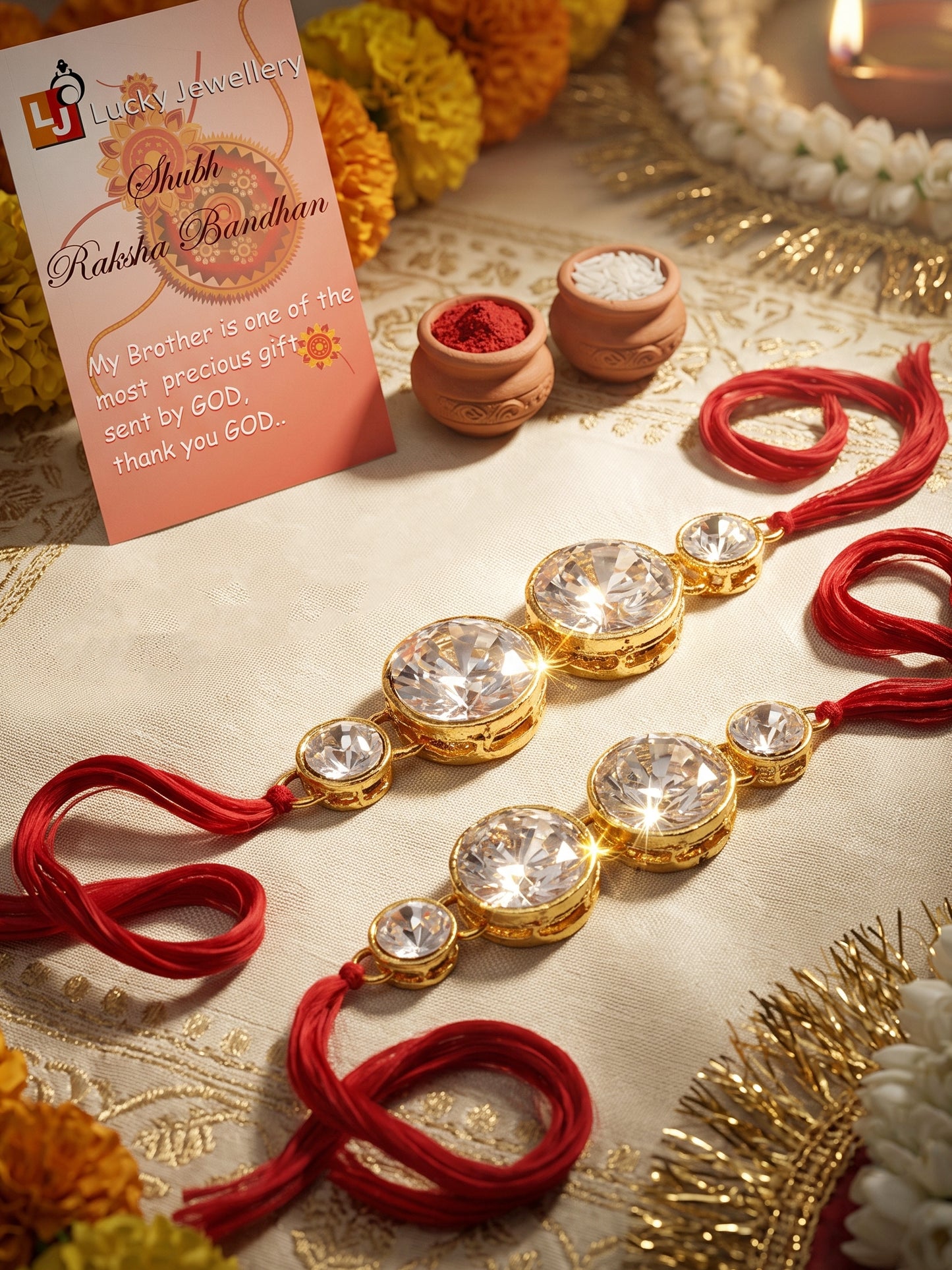 LUCKY JEWELLERY Traditional Rakhi for Brother/Bhaiya – Gold Plated Red Thread Rakshabandhan Rakhie White Stones for Bhai/Bhabhi (Pack of 2) – Fancy Rakhee Bracelet Rakshasutra (152-L1R1-10A-W-2-2026)