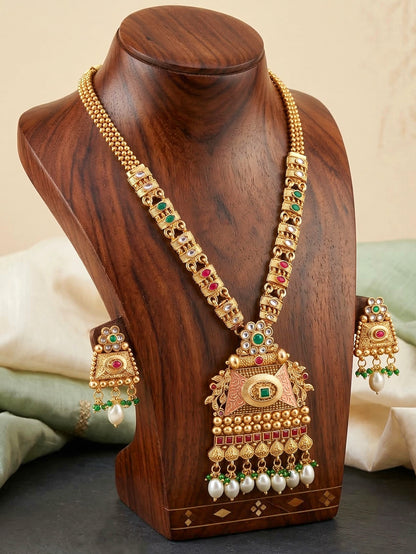 Lucky Jewellery Gold-Plated Ruby & Green Color Long Necklace Set (816-G2SR-207-RG)