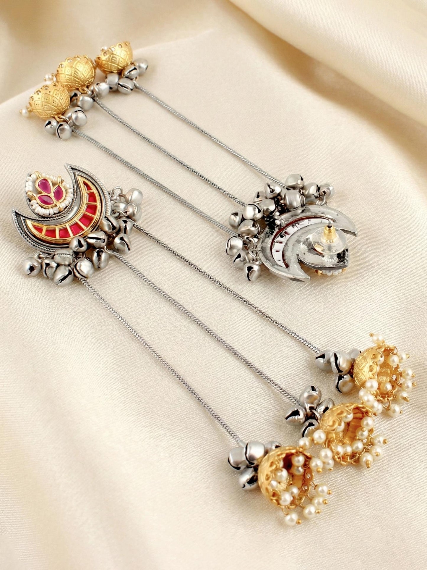 LUCKY JEWELLERY Oxidized Silver Kashmiri Earrings with Magenta Stone, Triple Chain Layer & Triple Gold Jhumka |Black Metal Chandbali Style Earring Set for Girls & Women | Wedding, Festival & Gift Wear