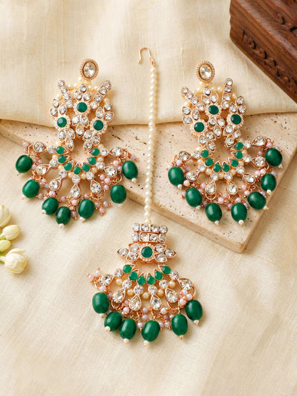 Rose Gold Plated AD Green Stone & Pearl Bridal Choker Jewellery Set with Maang Tikka (974-B5SP-007-G)