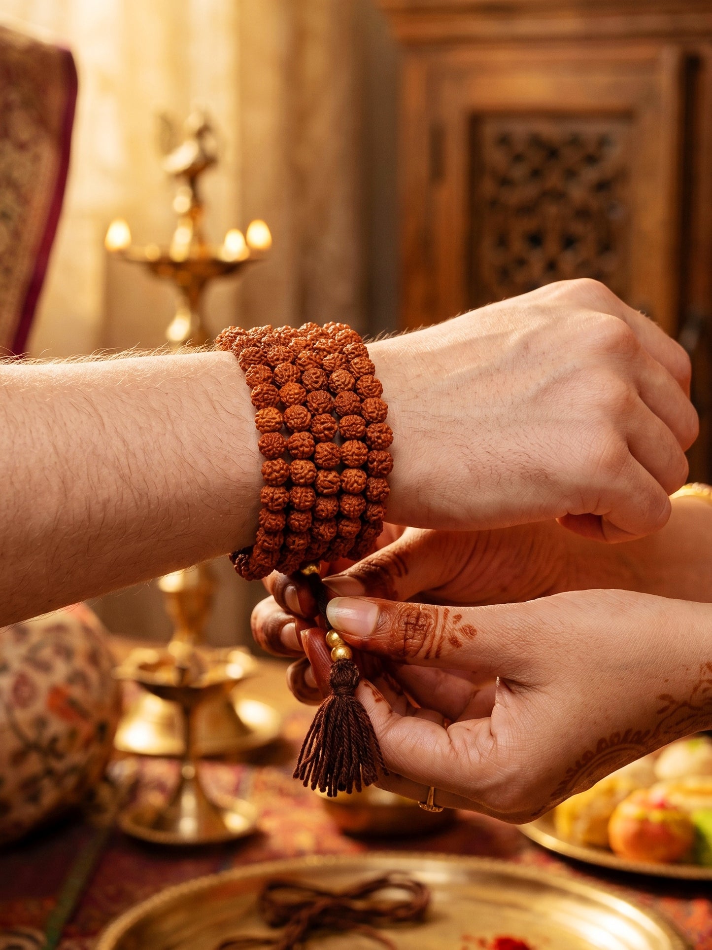Traditional Rudraksha Rakhi for Brother. Spiritual Bead with Tassels, Roli, Chawal & Card (528-RRR1-1989-1-2026)