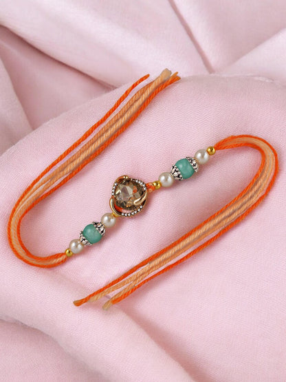 Lucky Jewellery Designer Gold Plated Gold Stone Rakhi - Rakshabandhan Rakhee Bracelet for Brother Bhaiya Bhai Bhabhi - Pack of 3 (300-CHR1-1002B-3)