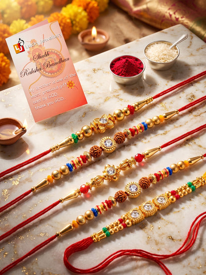 Lucky Jewellery Set of 5 Rakhi with Small Crystal Centerpieces, Gold-Tone & Multicolor Beads, Roli Chawal & Card (61-S7R1-2319-5)