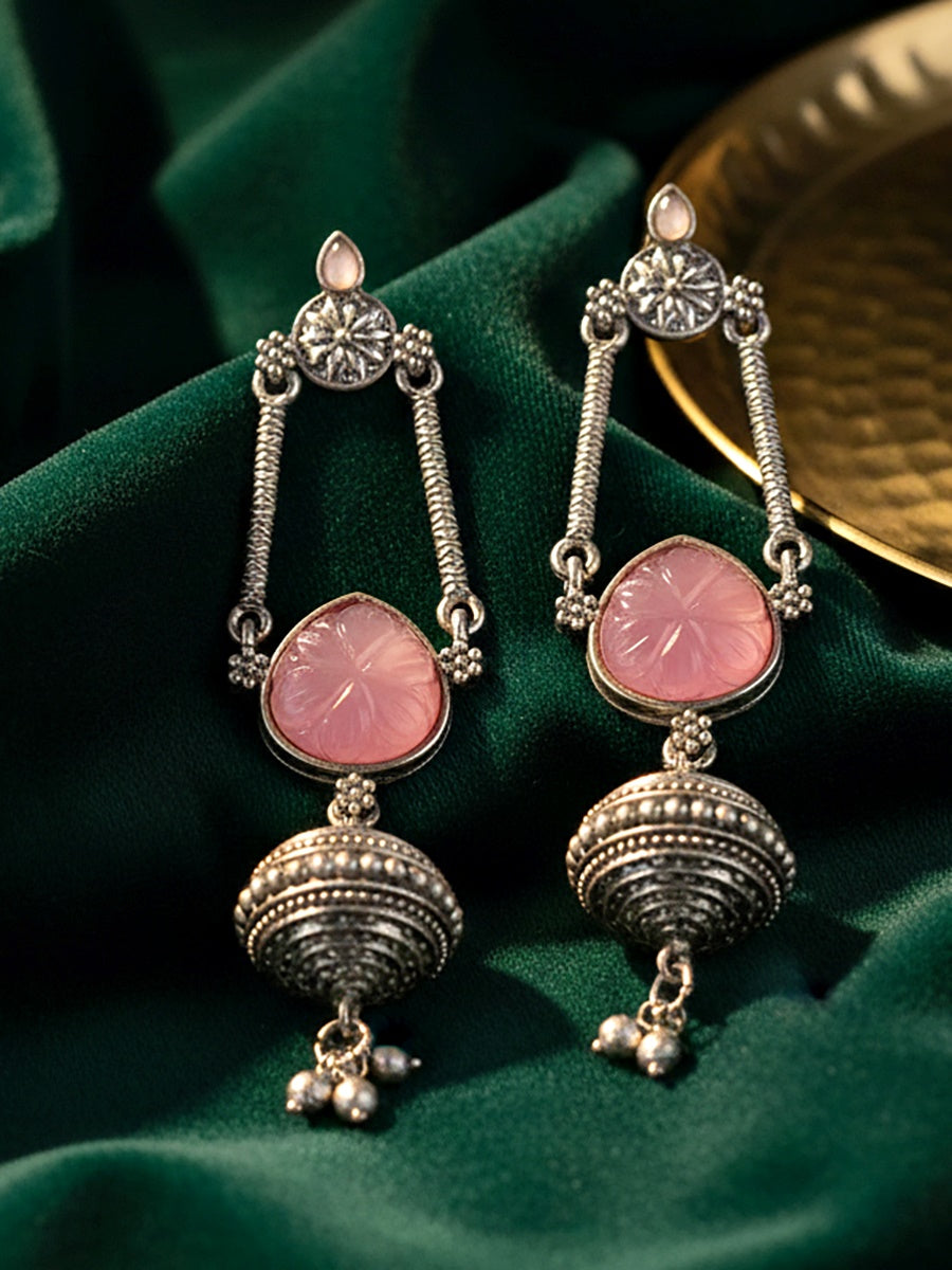 Oxidised Silver Pink Stone Long Dangler Earrings For Girls & Women (370-KEG-13541-PK-S)