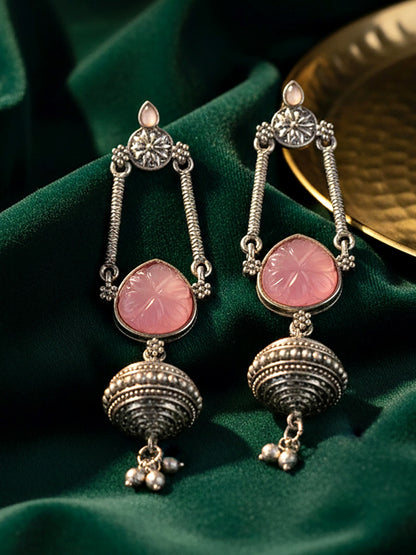 Oxidised Silver Pink Stone Long Dangler Earrings For Girls & Women (370-KEG-13541-PK-S)