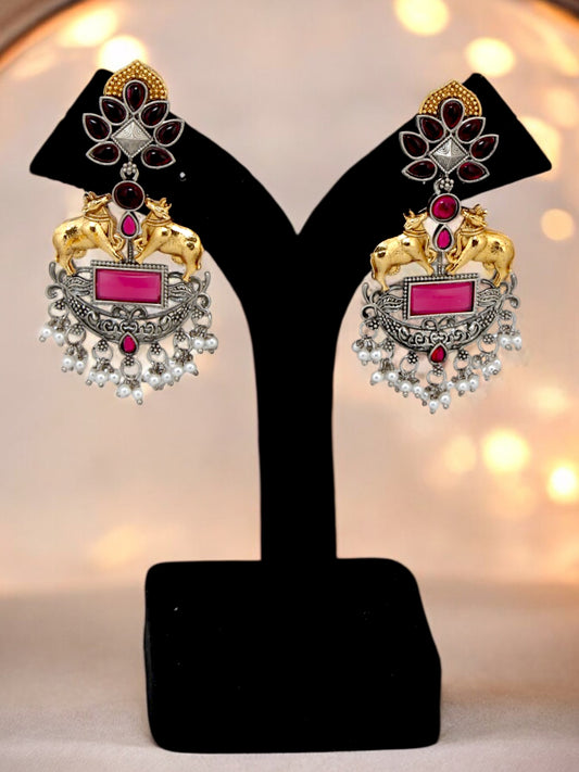 Trendy Celebrity Inspired Oxidised Silver Magenta Earring For Girls & Women|Black Metal Earing Set