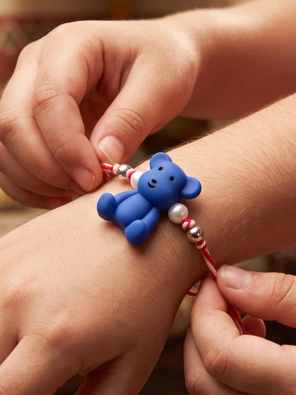 Set of 2 Cute Teddy Bear Kids Rakhi in Pink & Blue with White Beads, Roli Chawal & Card (105-CHR1-1206-PKB-2-2026)