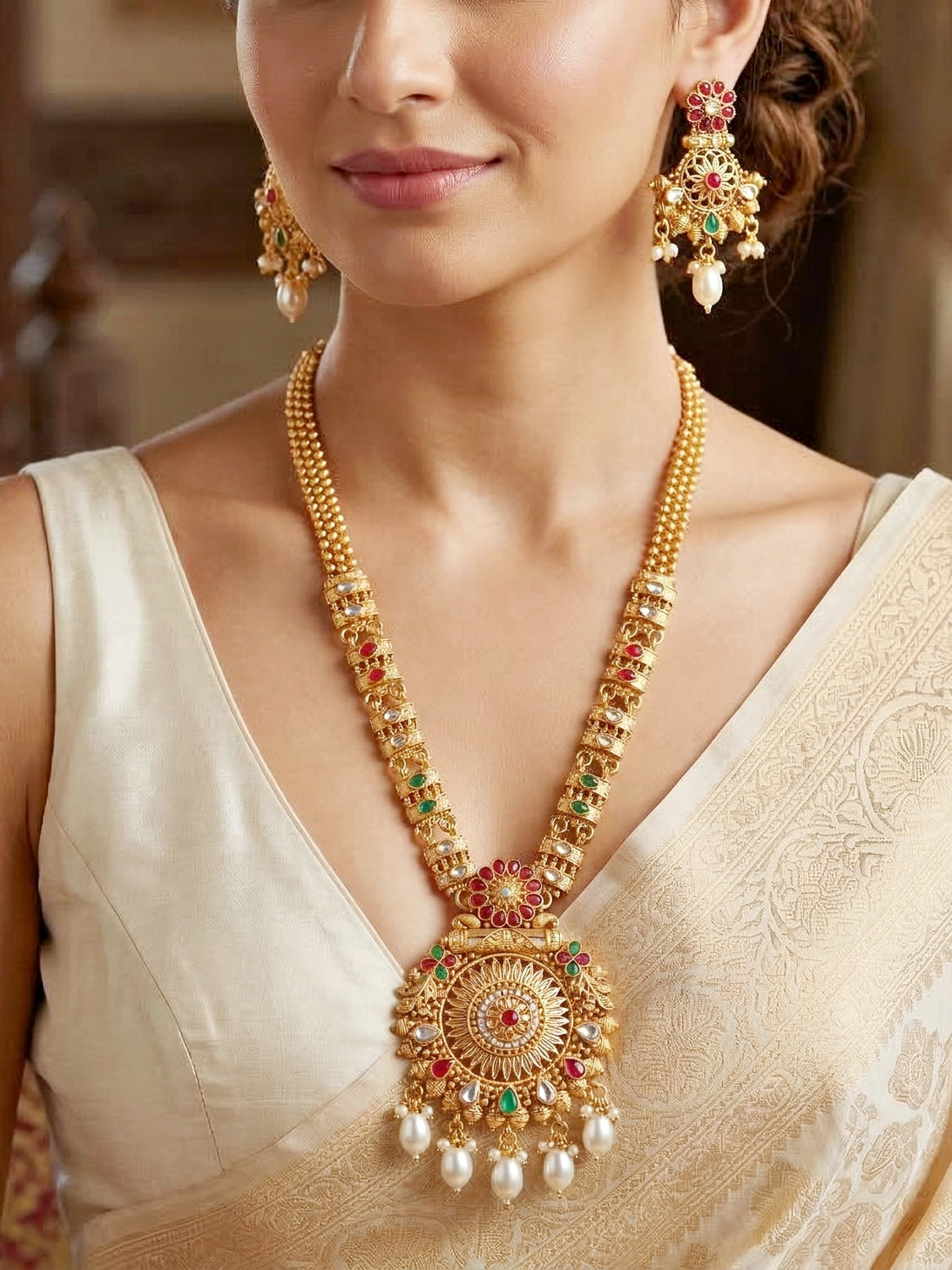 Lucky Jewellery Gold-Plated Ruby & Green Color Long Necklace Set (750-G2SR-204-RG)