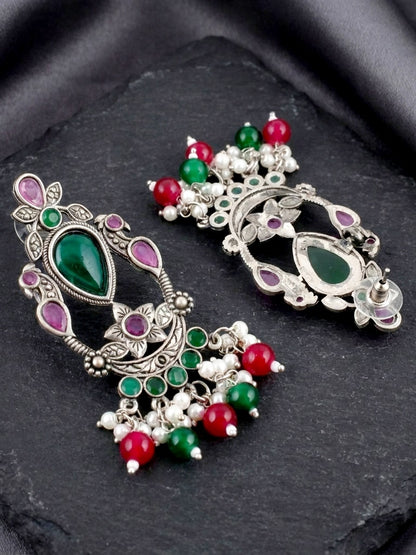 LUCKY JEWELLERY Oxidised Silver Green Stone Chandelier Earrings with Magenta & Green Beads For Girls & Women | Antique Silver Earing Set | Birthday Gift Earrings Valentine Anniversary