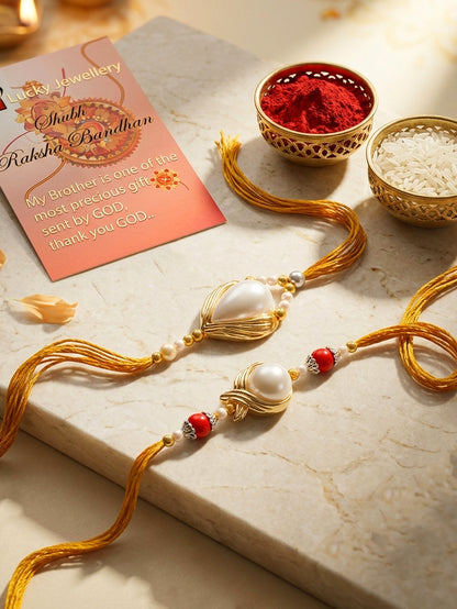Set of 2 Designer Rakhi for Brother, White Stone Centerpieces with Golden Beads, Roli, Chawal (275-CHR1-1137-2-2026)