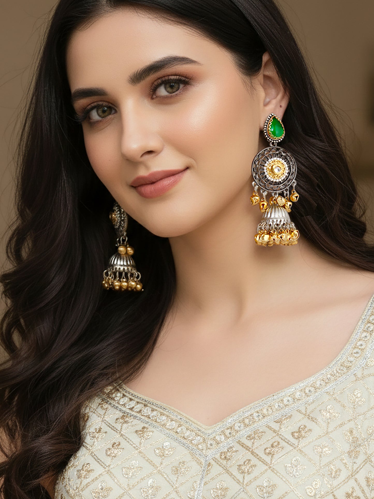 LUCKY JEWELLERY Dual Tone Oxidized Silver Jhumka Earrings with Green Stone & Golden Ghungroo | Kashmiri Style Traditional Jhumki Earrings for Girls & Women | Festive & Gift Wear
