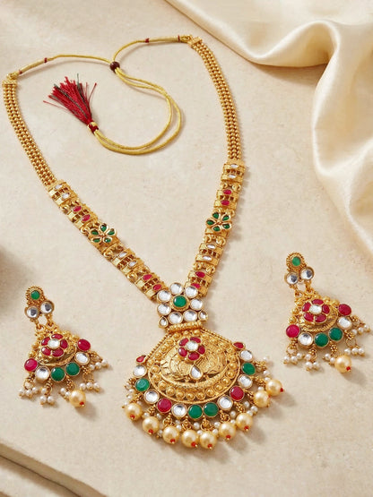 Lucky Jewellery Gold-Plated Ruby & Green Color Necklace Set (732-G2SR-191-RG)