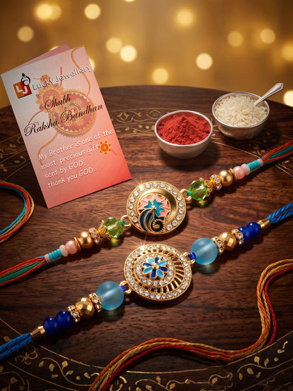 Lucky Jewellery Set of 2 Rakhi with Peacock & Floral Pendants, Blue & Green Beads, Roli Chawal & Card (173-S7R1-2317-2)