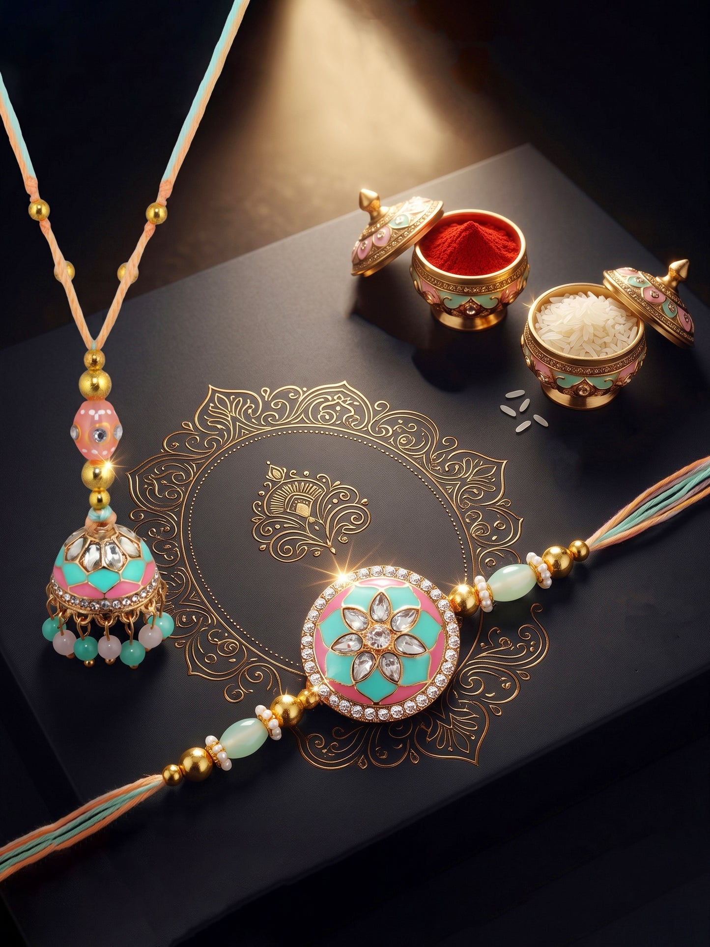 Set of 2 Pastel Green & Pink Bhaiya Bhabhi Rakhi Set, Kundan Floral Lumba with Beads, Roli, Chawal (325-CHCR1-1152-PKMNT-2-2026)